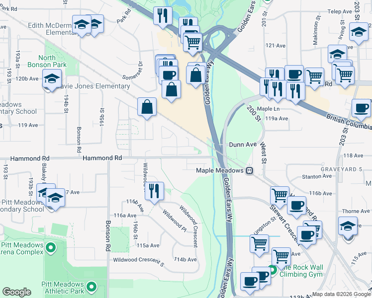 map of restaurants, bars, coffee shops, grocery stores, and more near 19850 Butternut Lane in Pitt Meadows