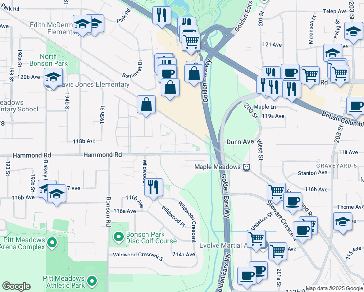 map of restaurants, bars, coffee shops, grocery stores, and more near 19846 Butternut Lane in Pitt Meadows