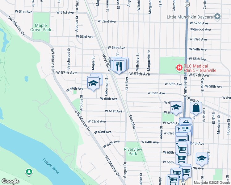 map of restaurants, bars, coffee shops, grocery stores, and more near 7445 West Boulevard in Vancouver