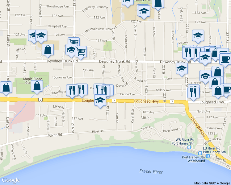 map of restaurants, bars, coffee shops, grocery stores, and more near 11829 218 Street in Maple Ridge
