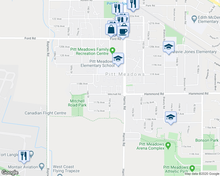 map of restaurants, bars, coffee shops, grocery stores, and more near 11847 191A Street in Pitt Meadows