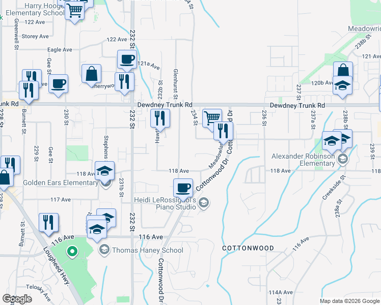map of restaurants, bars, coffee shops, grocery stores, and more near 23397 Whippoorwill Avenue in Maple Ridge