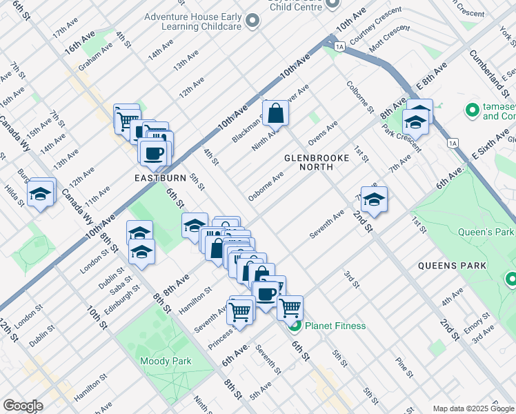 map of restaurants, bars, coffee shops, grocery stores, and more near 805 4th Street in New Westminster