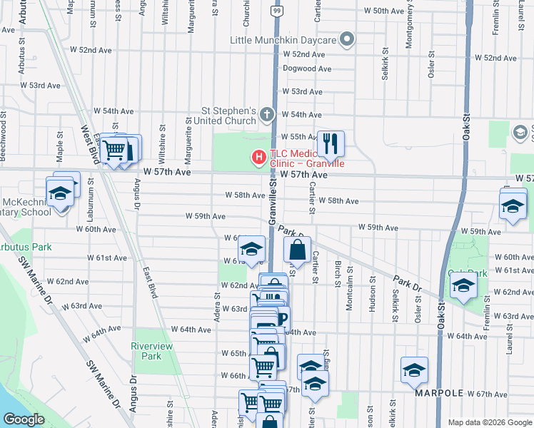 map of restaurants, bars, coffee shops, grocery stores, and more near 7493 Granville Street in Vancouver