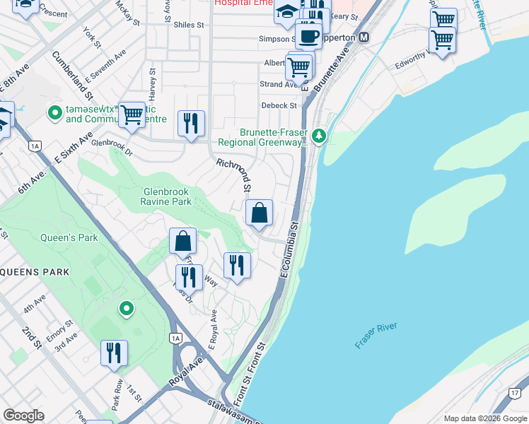 map of restaurants, bars, coffee shops, grocery stores, and more near 48 Richmond Street in New Westminster