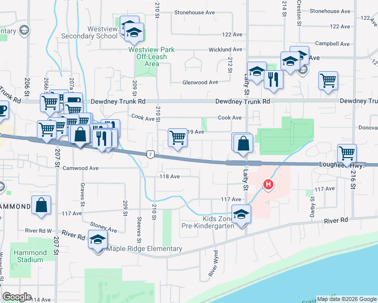 map of restaurants, bars, coffee shops, grocery stores, and more near 21091 Lougheed Highway in Maple Ridge