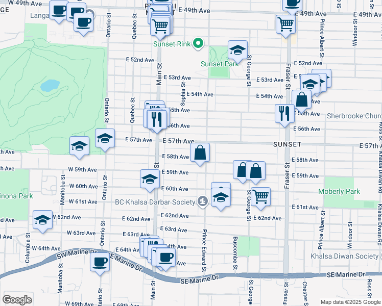 map of restaurants, bars, coffee shops, grocery stores, and more near 341 East 58th Avenue in Vancouver