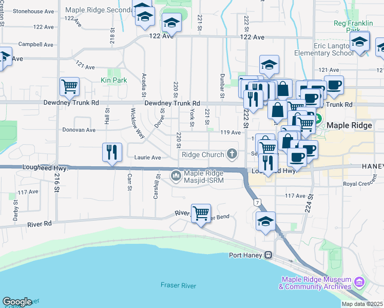map of restaurants, bars, coffee shops, grocery stores, and more near 22040 Selkirk Avenue in Maple Ridge