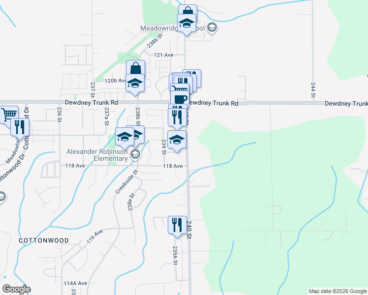 map of restaurants, bars, coffee shops, grocery stores, and more near 11877 240 Street in Maple Ridge