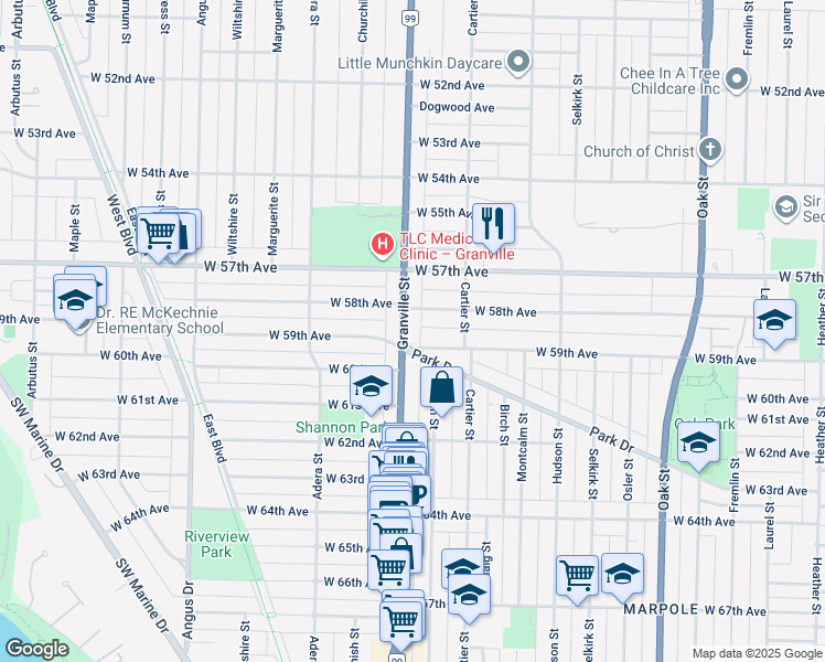 map of restaurants, bars, coffee shops, grocery stores, and more near 7458 Granville Street in Vancouver