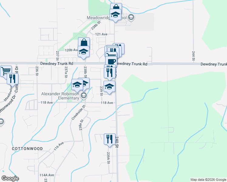 map of restaurants, bars, coffee shops, grocery stores, and more near 11861 240 Street in Maple Ridge