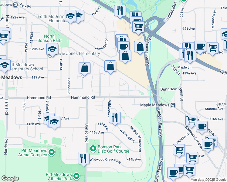 map of restaurants, bars, coffee shops, grocery stores, and more near 11850 Greenhaven Court in Pitt Meadows