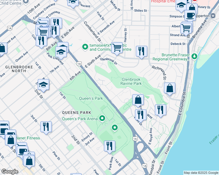 map of restaurants, bars, coffee shops, grocery stores, and more near 385 Ginger Drive in New Westminster