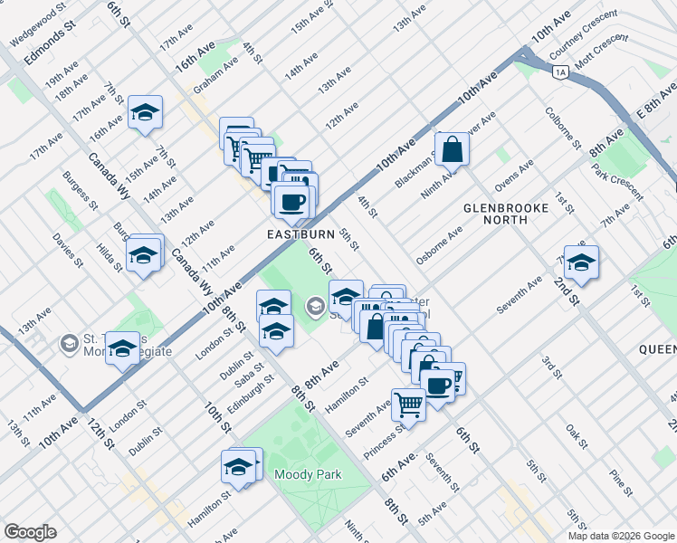 map of restaurants, bars, coffee shops, grocery stores, and more near 907 6th Street in New Westminster