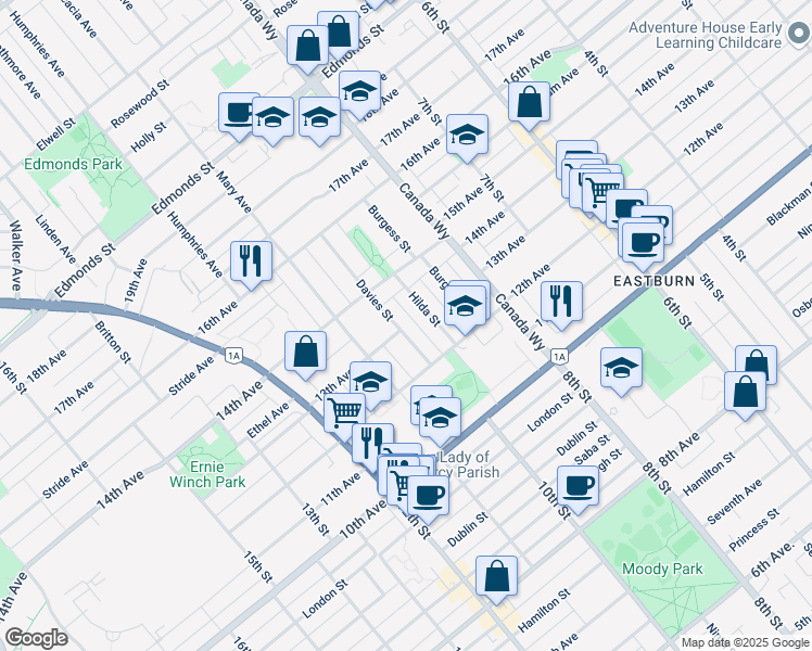 map of restaurants, bars, coffee shops, grocery stores, and more near 7696 Davies Street in Burnaby