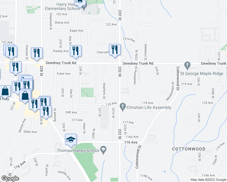 map of restaurants, bars, coffee shops, grocery stores, and more near 11865 232 Street in Maple Ridge