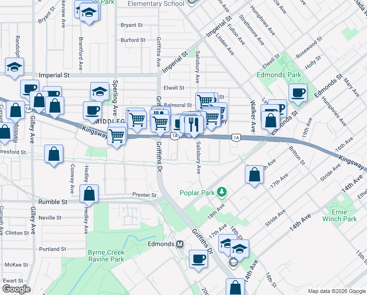 map of restaurants, bars, coffee shops, grocery stores, and more near 7077 Beresford Street in Burnaby