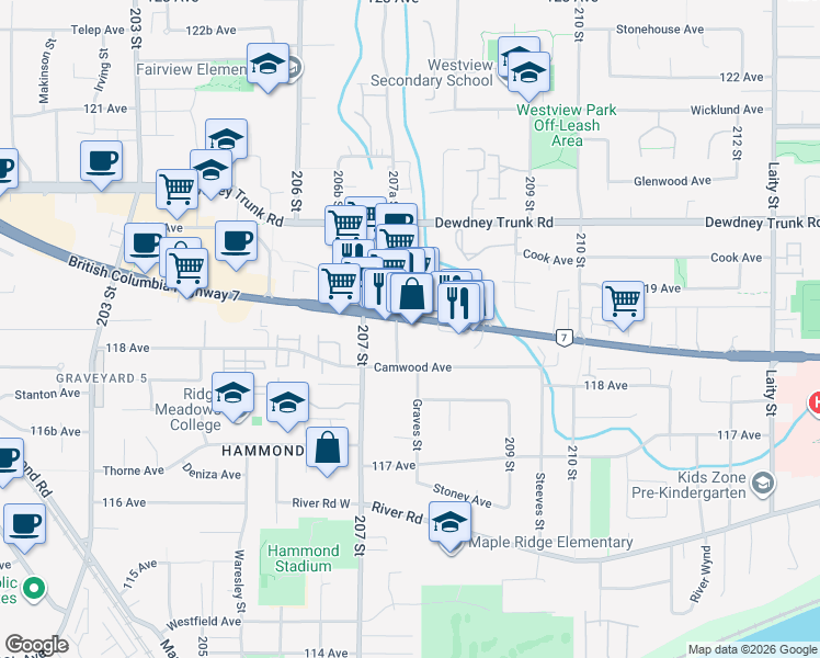 map of restaurants, bars, coffee shops, grocery stores, and more near 20758 British Columbia 7 in Maple Ridge