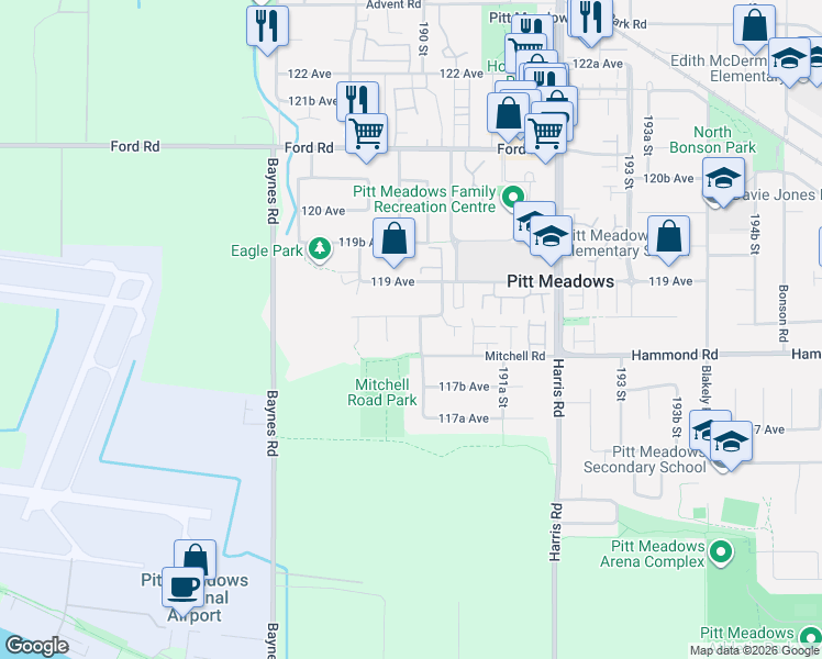 map of restaurants, bars, coffee shops, grocery stores, and more near 11845 190 Street in Pitt Meadows