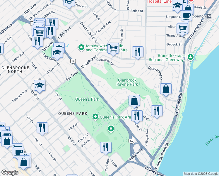 map of restaurants, bars, coffee shops, grocery stores, and more near 365 Ginger Drive in New Westminster