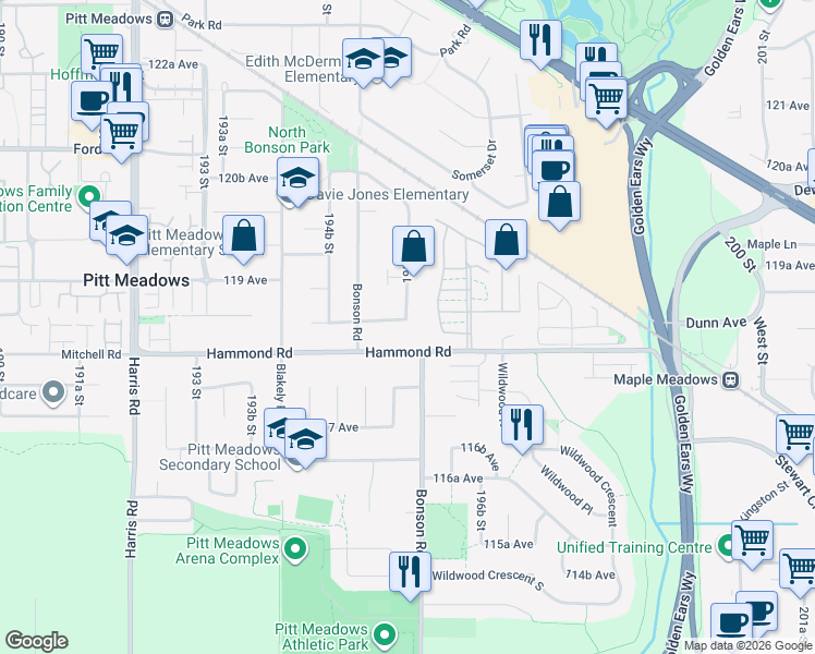 map of restaurants, bars, coffee shops, grocery stores, and more near 19576 118B Avenue in Pitt Meadows