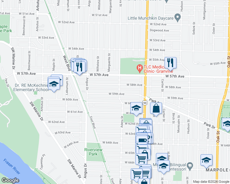 map of restaurants, bars, coffee shops, grocery stores, and more near 1625 West 59th Avenue in Vancouver