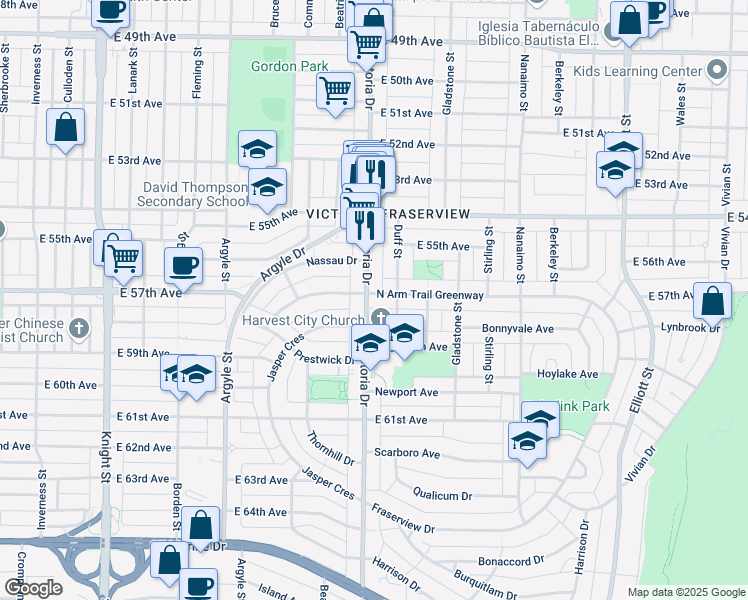 map of restaurants, bars, coffee shops, grocery stores, and more near 7312 Victoria Drive in Vancouver