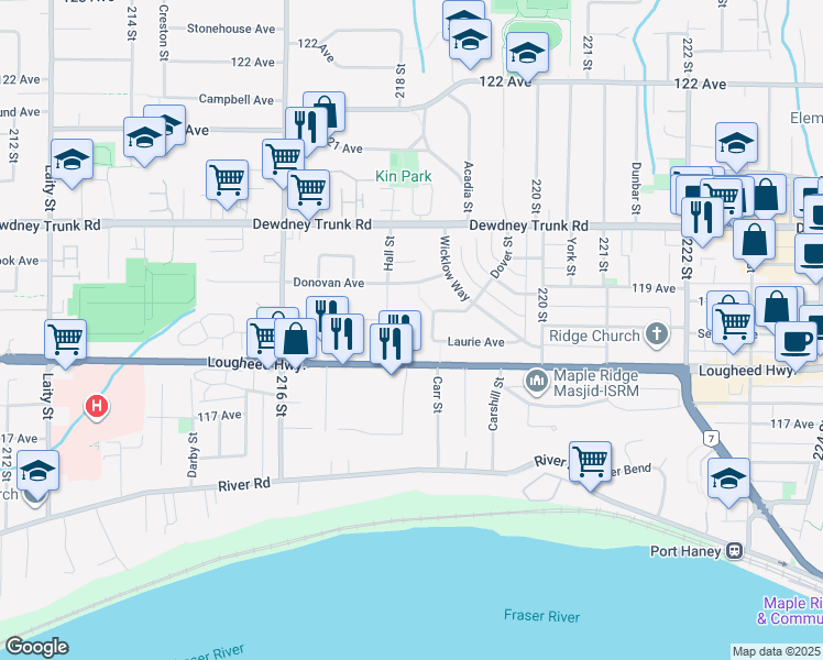map of restaurants, bars, coffee shops, grocery stores, and more near 21796 Howison Avenue in Maple Ridge