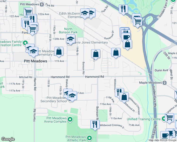 map of restaurants, bars, coffee shops, grocery stores, and more near 19536 118B Avenue in Pitt Meadows