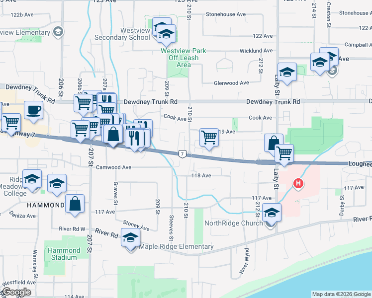 map of restaurants, bars, coffee shops, grocery stores, and more near 21163 Lougheed Highway in Maple Ridge