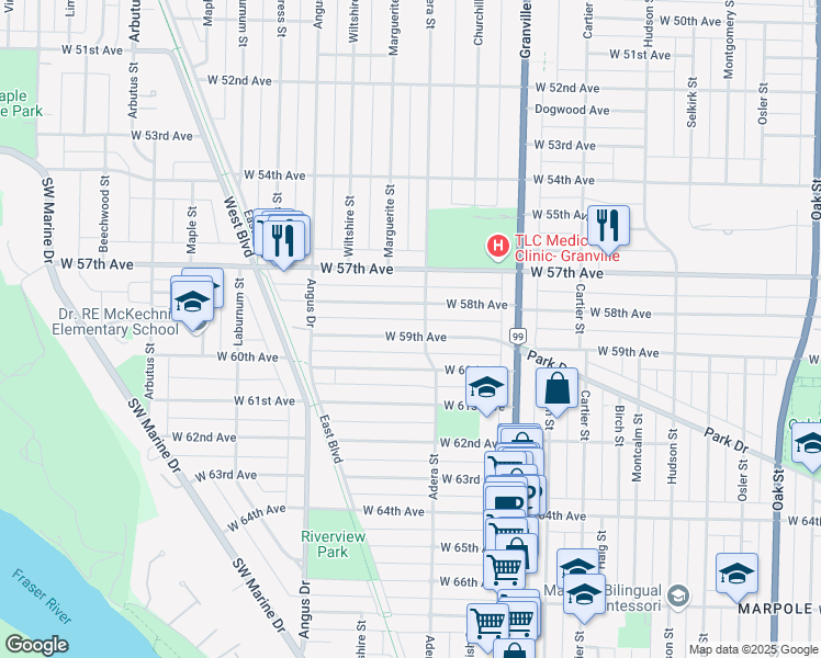 map of restaurants, bars, coffee shops, grocery stores, and more near 1625 West 59th Avenue in Vancouver