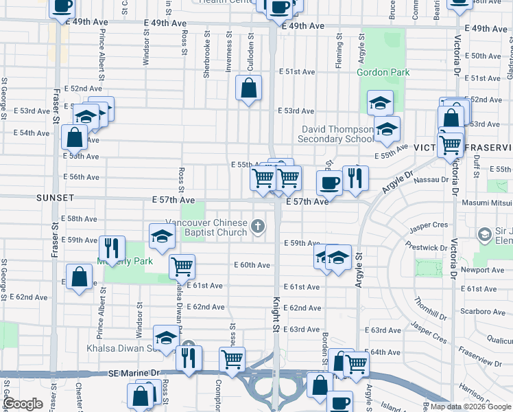 map of restaurants, bars, coffee shops, grocery stores, and more near 7316 Culloden Street in Vancouver