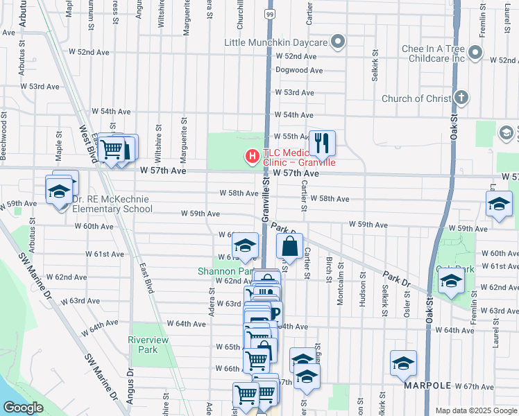 map of restaurants, bars, coffee shops, grocery stores, and more near 7477 Granville Street in Vancouver