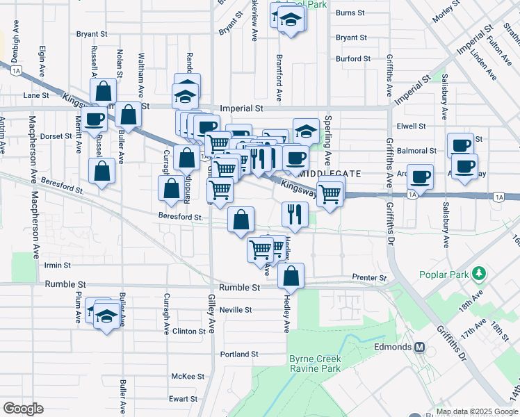 map of restaurants, bars, coffee shops, grocery stores, and more near 6588 Southoaks Crescent in Burnaby