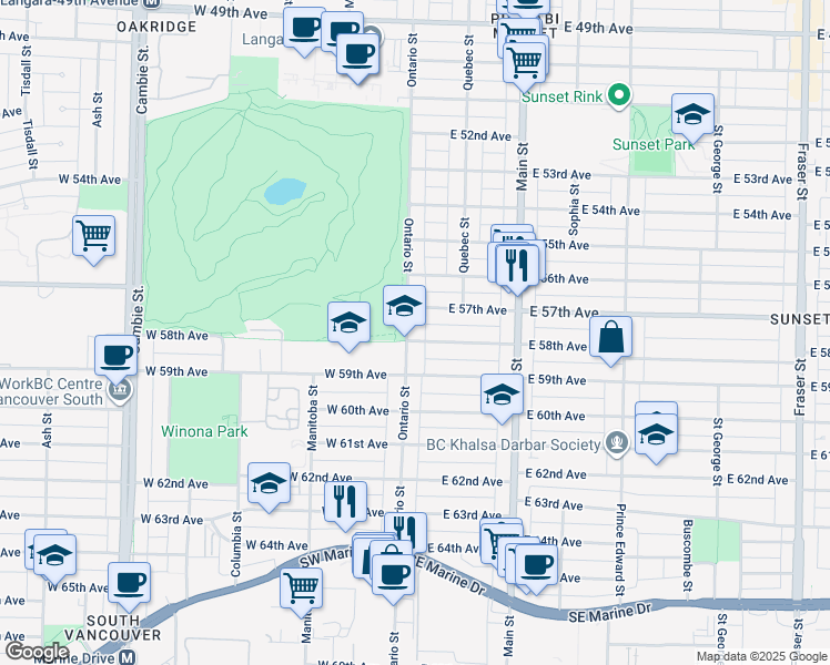 map of restaurants, bars, coffee shops, grocery stores, and more near 7380 Ontario Street in Vancouver