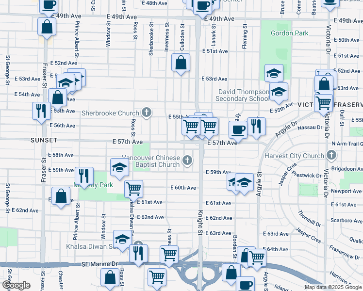 map of restaurants, bars, coffee shops, grocery stores, and more near 1352 East 57th Avenue in Vancouver