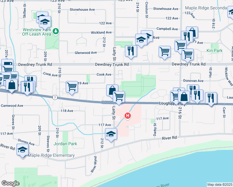 map of restaurants, bars, coffee shops, grocery stores, and more near 11848 Laity Street in Maple Ridge