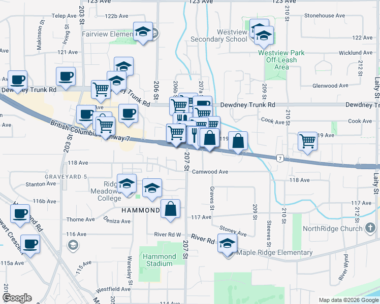 map of restaurants, bars, coffee shops, grocery stores, and more near 20718 Lougheed Highway in Maple Ridge