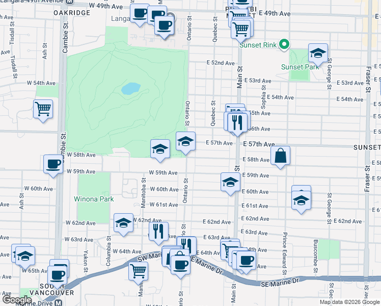 map of restaurants, bars, coffee shops, grocery stores, and more near 7380 Ontario Street in Vancouver