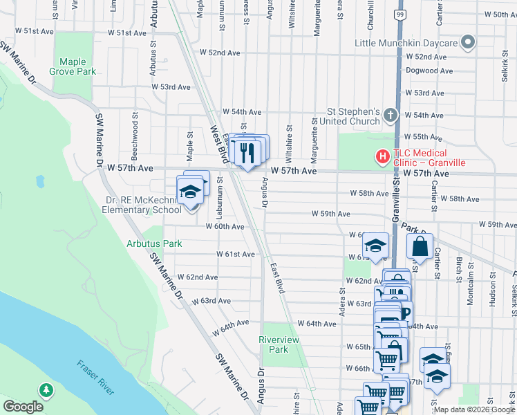 map of restaurants, bars, coffee shops, grocery stores, and more near 7469 Angus Drive in Vancouver