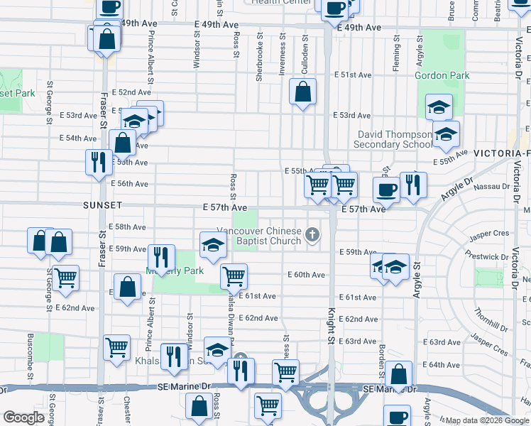 map of restaurants, bars, coffee shops, grocery stores, and more near 1228 East 57th Avenue in Vancouver