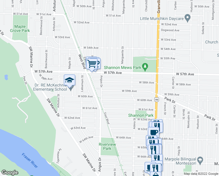 map of restaurants, bars, coffee shops, grocery stores, and more near 1763 West 59th Avenue in Vancouver