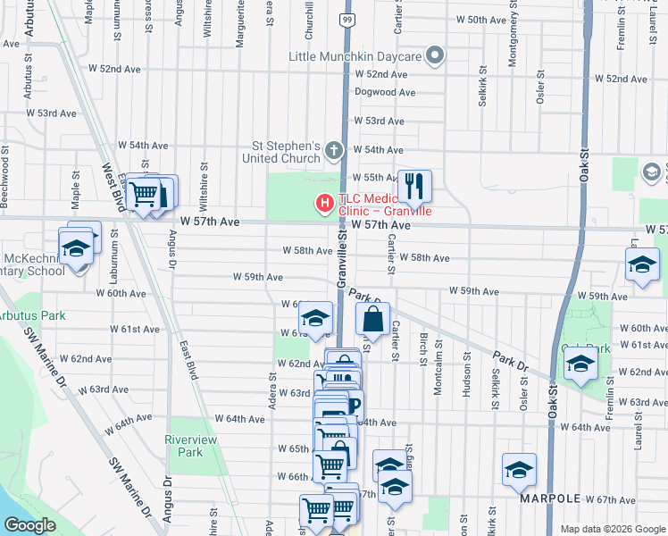 map of restaurants, bars, coffee shops, grocery stores, and more near 7461 Granville Street in Vancouver