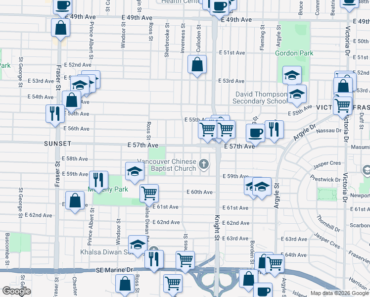 map of restaurants, bars, coffee shops, grocery stores, and more near 7320 Inverness Street in Vancouver