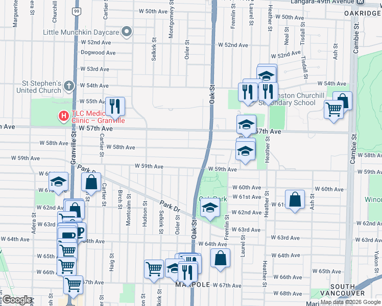 map of restaurants, bars, coffee shops, grocery stores, and more near 1076 West 58th Avenue in Vancouver
