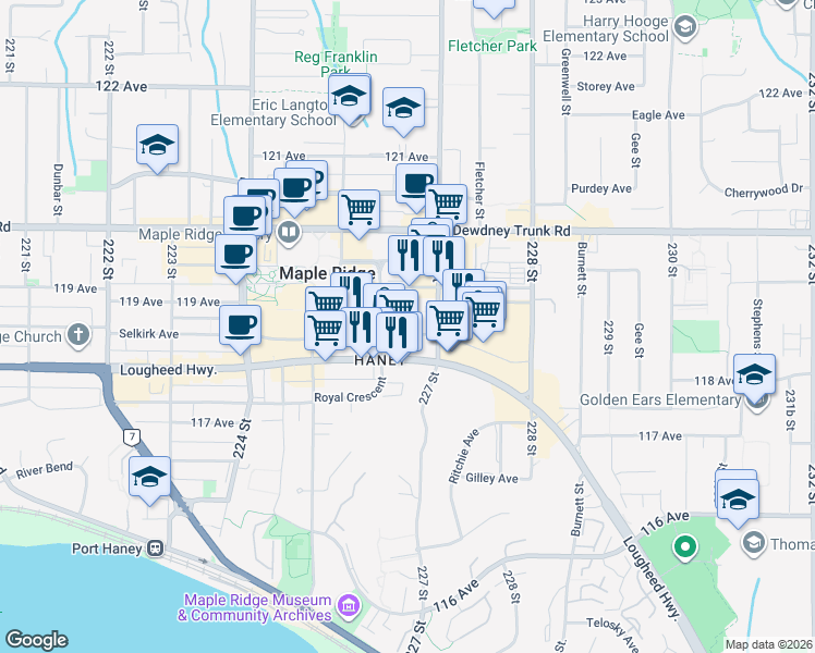 map of restaurants, bars, coffee shops, grocery stores, and more near in Maple Ridge