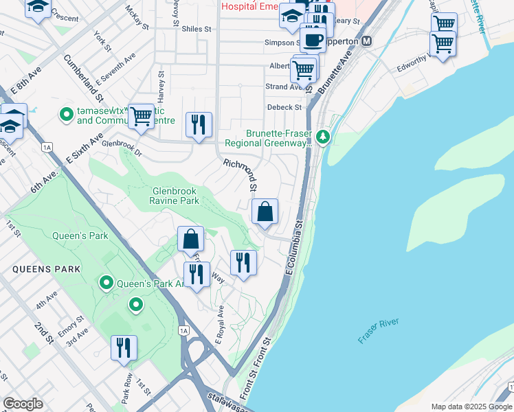 map of restaurants, bars, coffee shops, grocery stores, and more near 68 Richmond Street in New Westminster