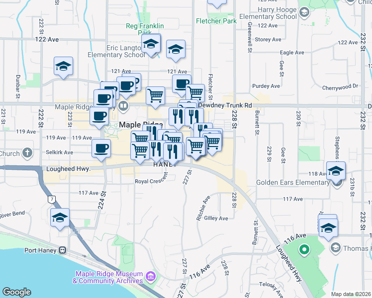 map of restaurants, bars, coffee shops, grocery stores, and more near in Maple Ridge