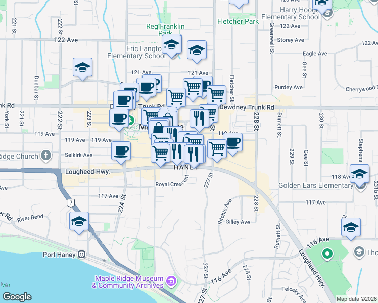 map of restaurants, bars, coffee shops, grocery stores, and more near in Maple Ridge