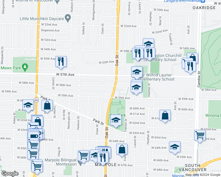 map of restaurants, bars, coffee shops, grocery stores, and more near 1028 West 58th Avenue in Vancouver